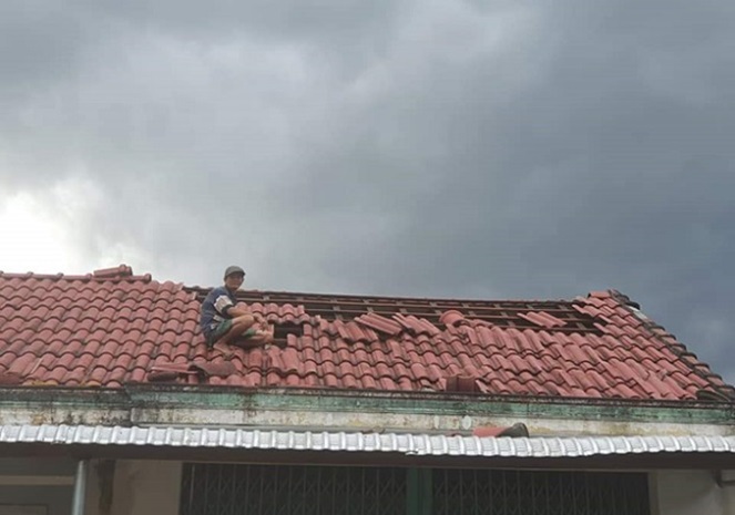Người dân tranh thủ lợp lại mái nhà sau khi bão tan