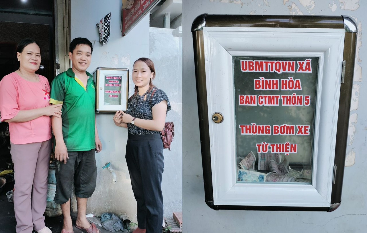 Đại diện Ban Công tác Mặt trận Khu dân cư số 5 và  ông Nguyễn Tấn Quang tại buổi ra mắt mô hình “Thùng bơm xe từ thiện” 