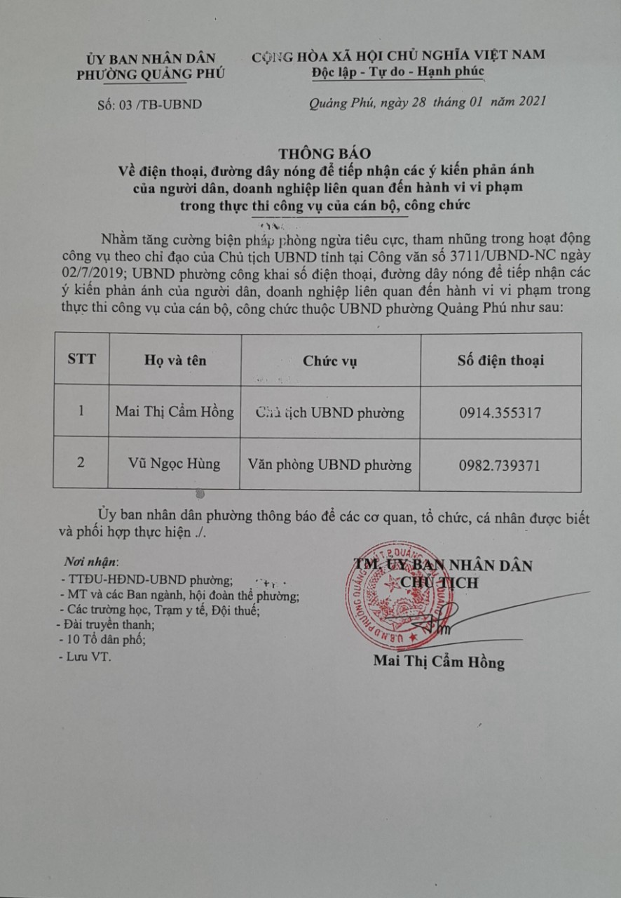 Thông báo về số điện thoại, đường dây nóng UBND phường Quảng Phú