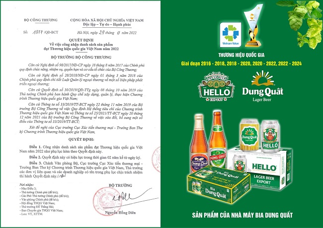 Hello Beer/Bia Dung Quất tiếp tục được công nhận là THƯƠNG HIỆU QUỐC GIA giai đoạn 2022 – 2024.