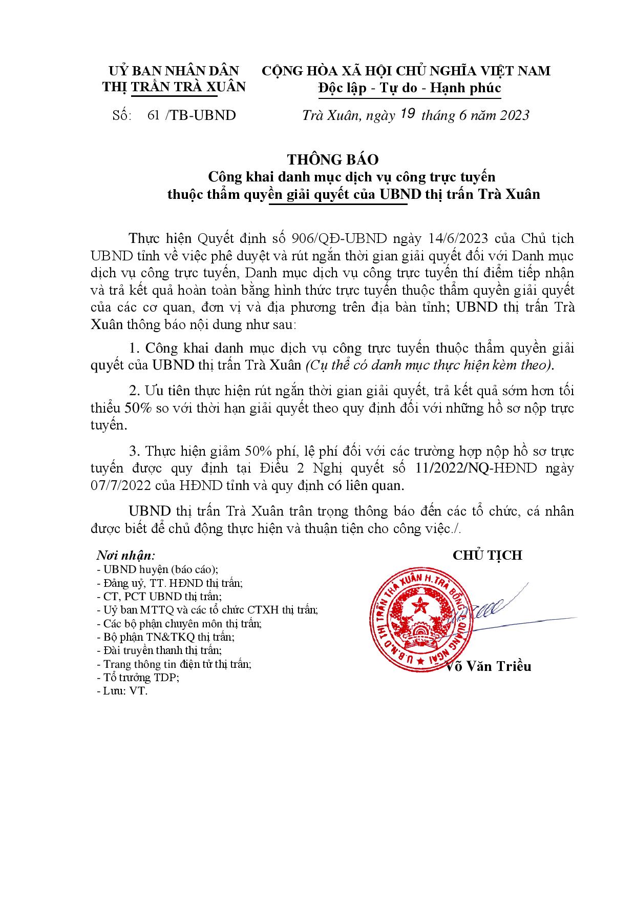 Công khai danh mục dịch vụ công trực tuyến thuộc thẩm quyền giải quyết của UBND thị trấn Trà Xuân