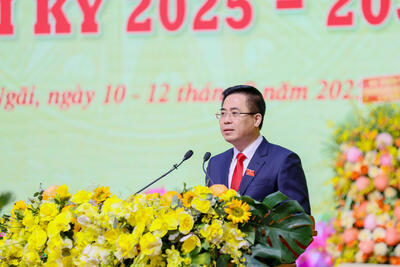 Phó Bí thư Tỉnh ủy, Chủ tịch UBND tỉnh Nguyễn Hoàng Giang báo cáo tại Đại hội